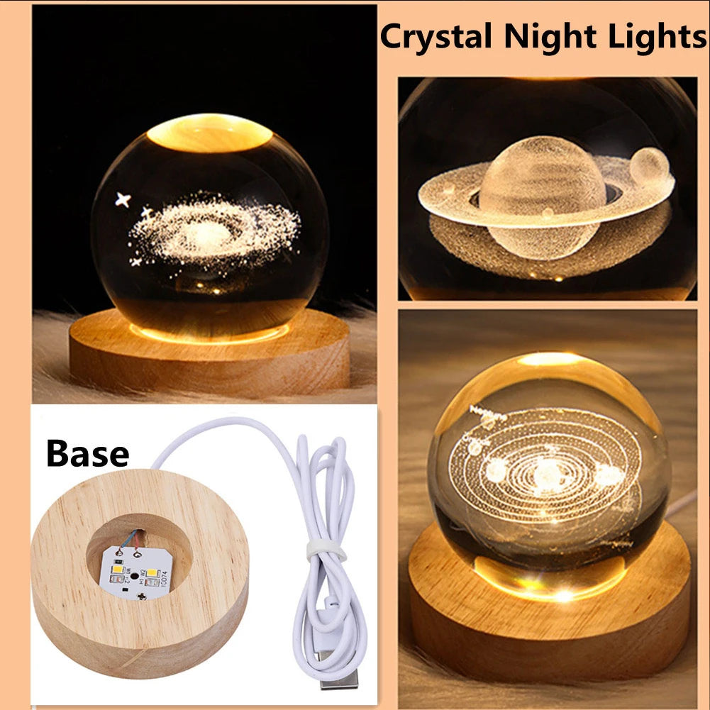 Lámpara de mesa con forma de bola de cristal LED con luz nocturna USB, decoración 3D con forma de luna, planeta y galaxia para el hogar